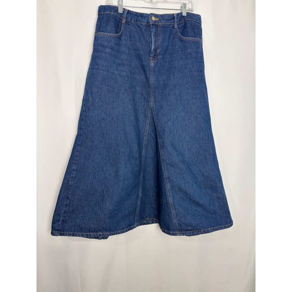 Zara Denim Maxi Skirt Blue A-Line High Waist Front Slit Size XL Country Western